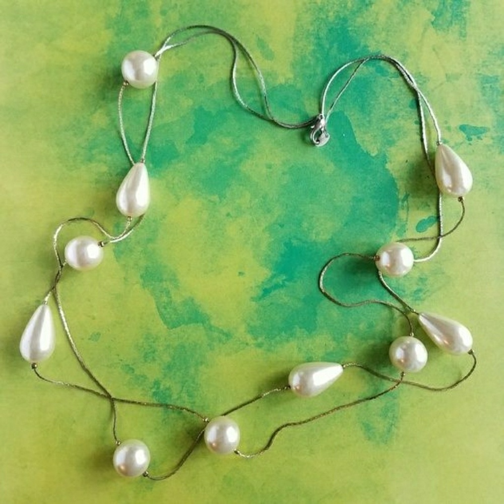 Necklace -Chunky faux pearls and chains silver gold tone double two strand